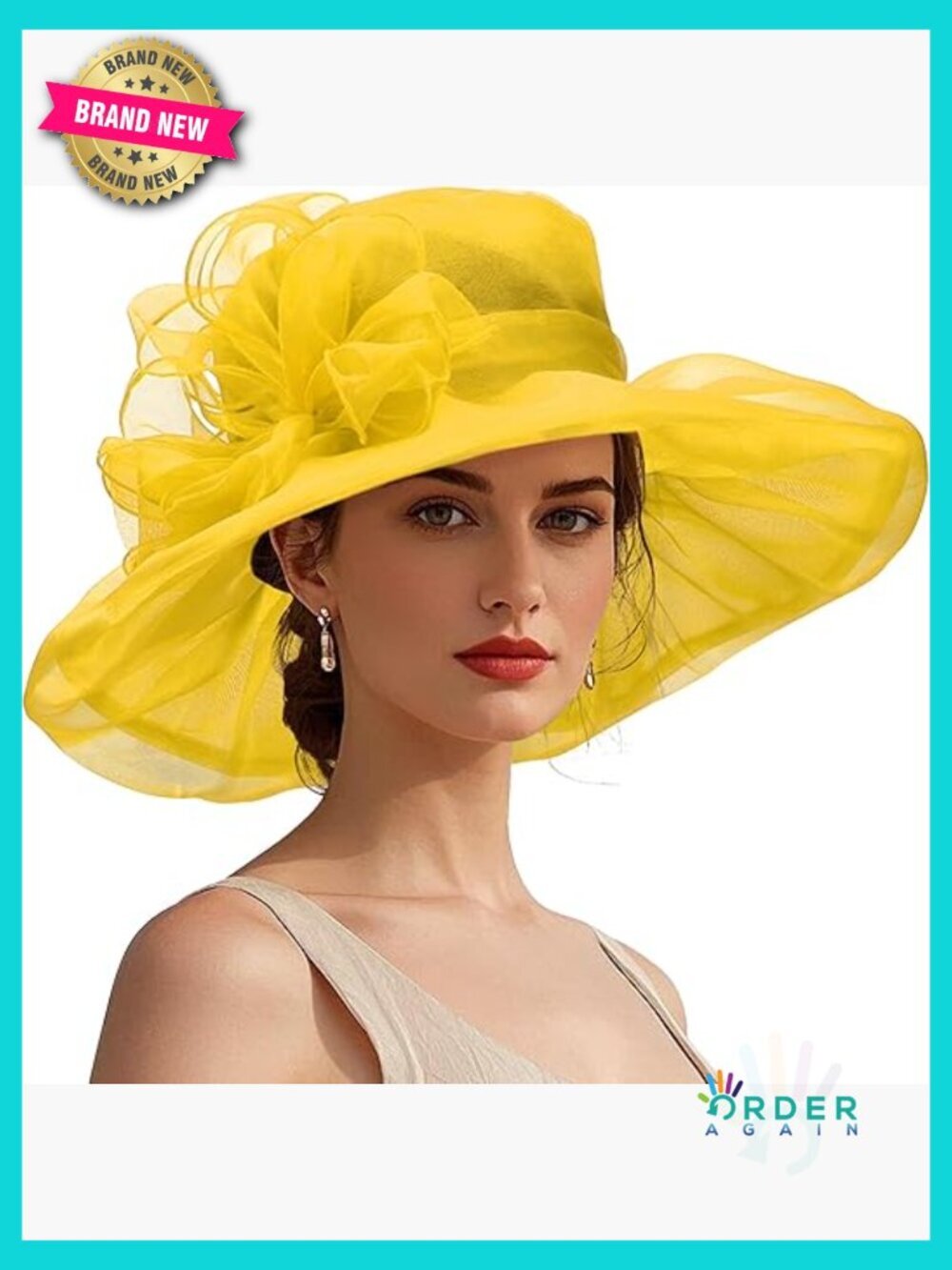 Vintage Organza Fascinator Derby Hat Adjustable Wide Brim Tea Party Wedding
